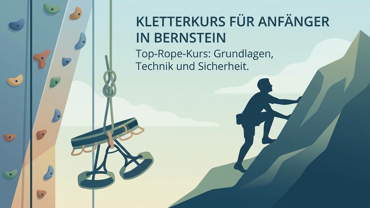 Kletterkurs in Bernstein: Kletterwand, Klettergurt und Bergsteiger-Silhouette