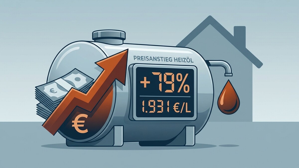Heizölpreisanstieg mit Euro-Symbol und Zapfen, 79% plus, 1,931€/L