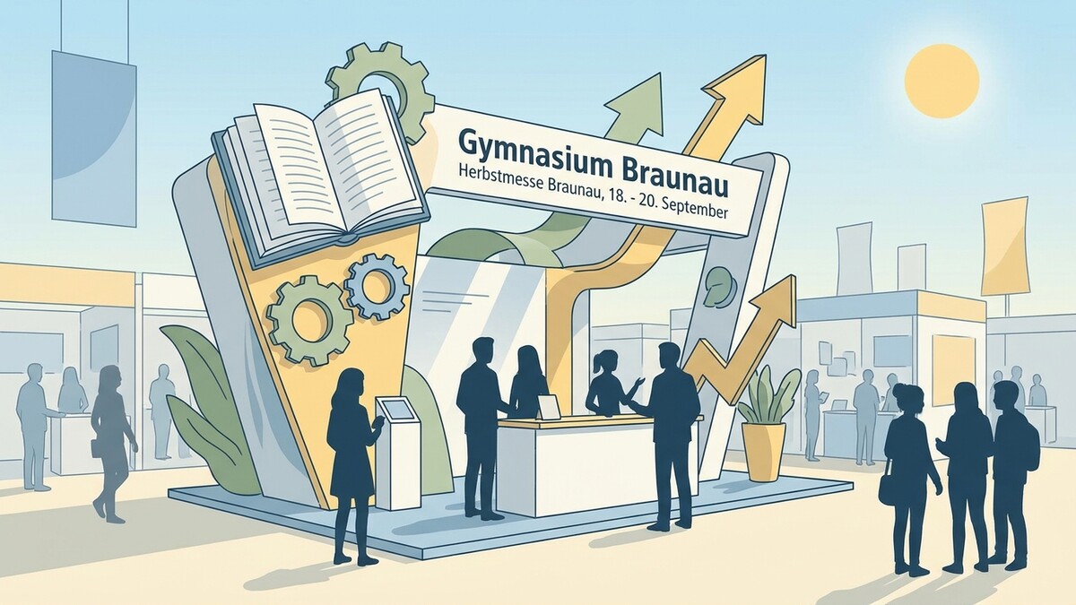Gymnasium Braunau Herbstmesse Braunaus mit Ständen und Besuchern vor sonnigem Himmel