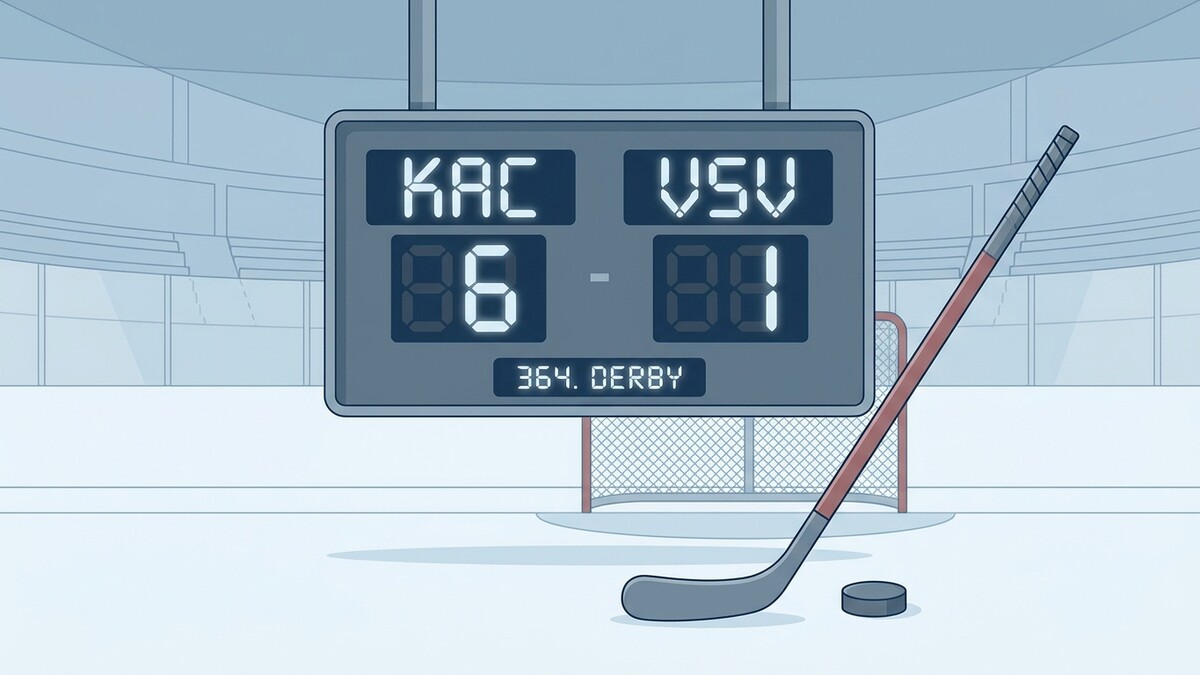Eishockey-Anzeigetafel zeigt KAC 6-1 VSV, Puck und Schläger auf Eis