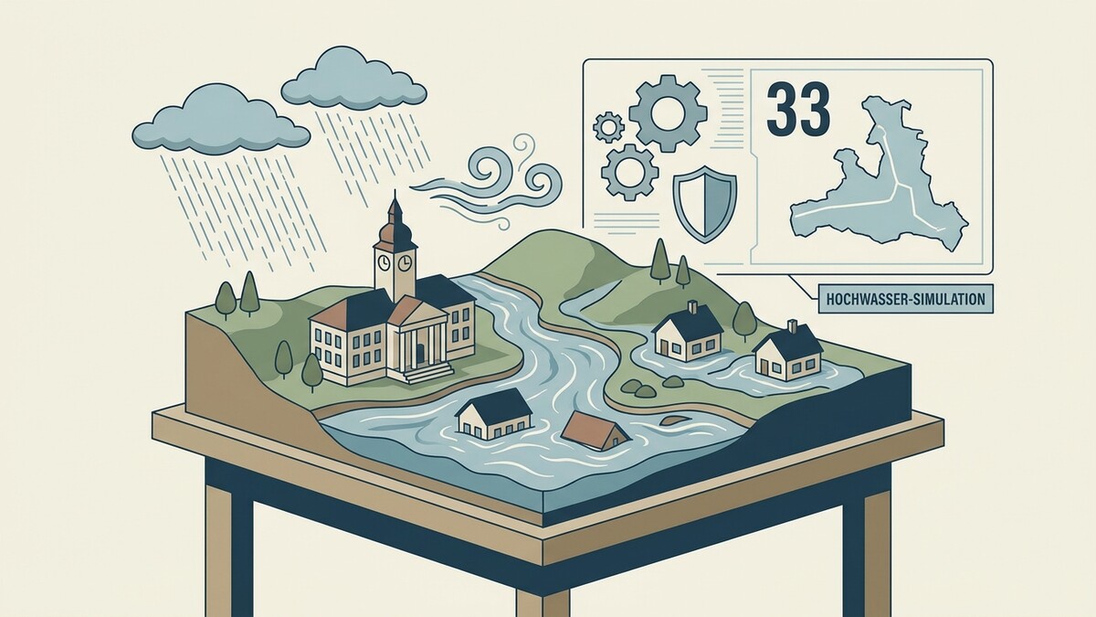Hochwasser-Simulation mit Regenszenario, Wellen und Stadtanlage.