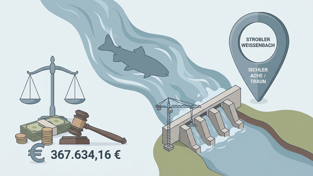 Fisch, Wasserkraftwerk und Gerichtssymbol am Strobler Weißenbach, Ischler Ache / Traun