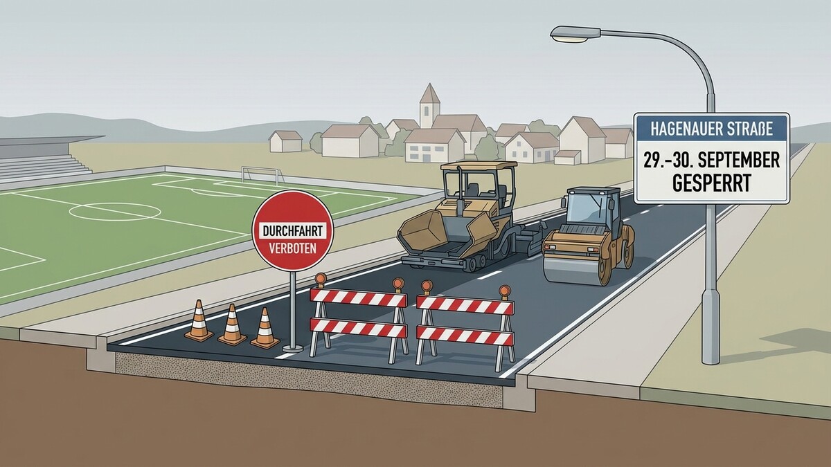 Straßensperre Hagenauer Straße mit Baumaschinen und Fußballplatz