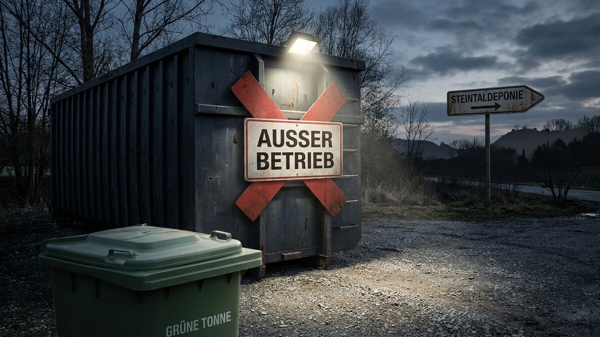 Container mit Schild "Ausser Betrieb" und "Grüne Tonne" neben Wegweiser zur Steintalldeponie