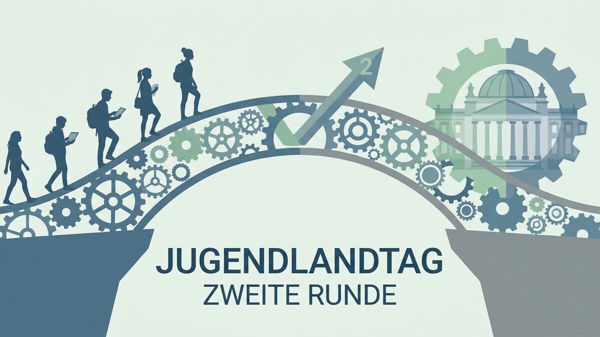 Jugendlandtag zweite Runde: Silhouetten von Jugendlichen steigen über Zahnräder auf ein Gebäude zu.