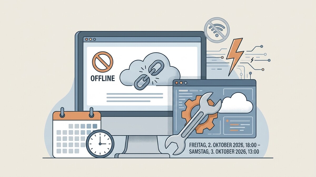 Offline-Meldung auf Computerbildschirm, Kalender, Uhr und Werkzeugsymbol mit Datum Freitag, 2. Oktober 2026, 18:00 – Samstag, 3. Oktober 2026, 13:00
