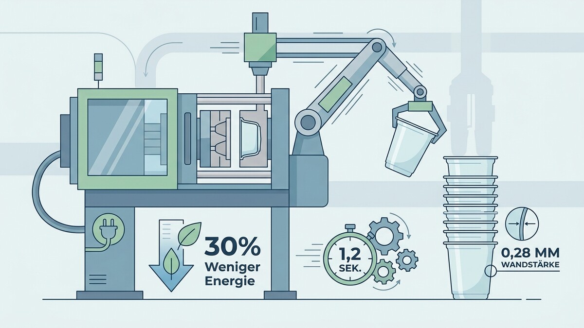 Spritzgussmaschine mit Roboterarm entnimmt Becher, 30% weniger Energie, 1,2 Sek. Zykluszeit, 0,28 mm Wandstärke