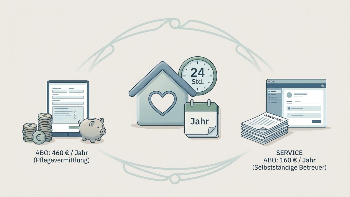 Pflegevermittlung und Servicekosten: Tablet, Sparschwein, Haus, Uhr, Kalender und Verwaltungspapiere