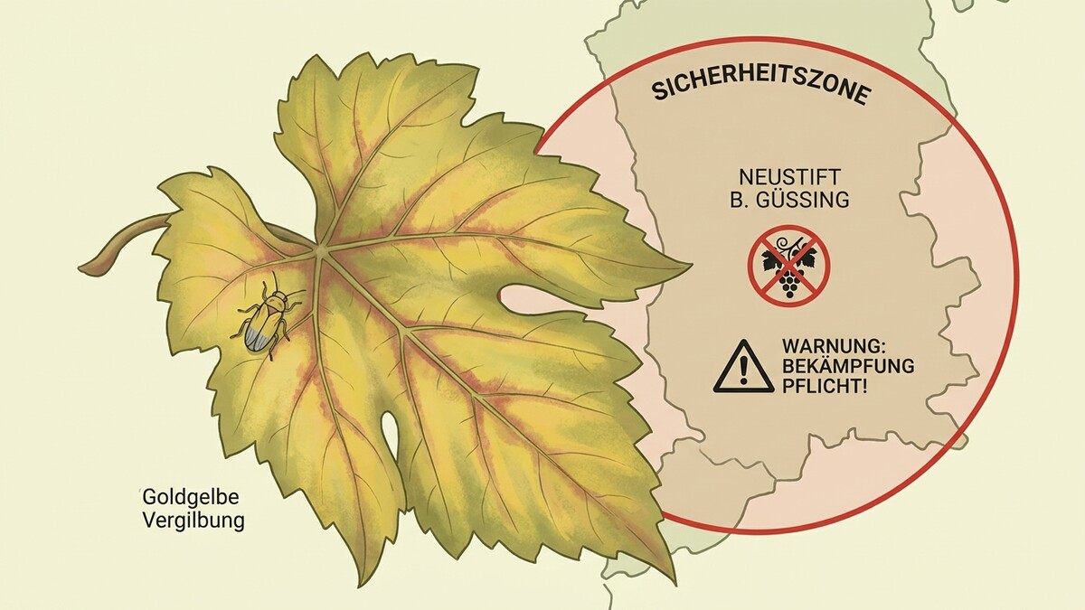 Goldgelbe Vergilbung an Weinblatt mit Käfer; Sicherheitszone Neustift b. Güssing; Bekämpfungspflicht