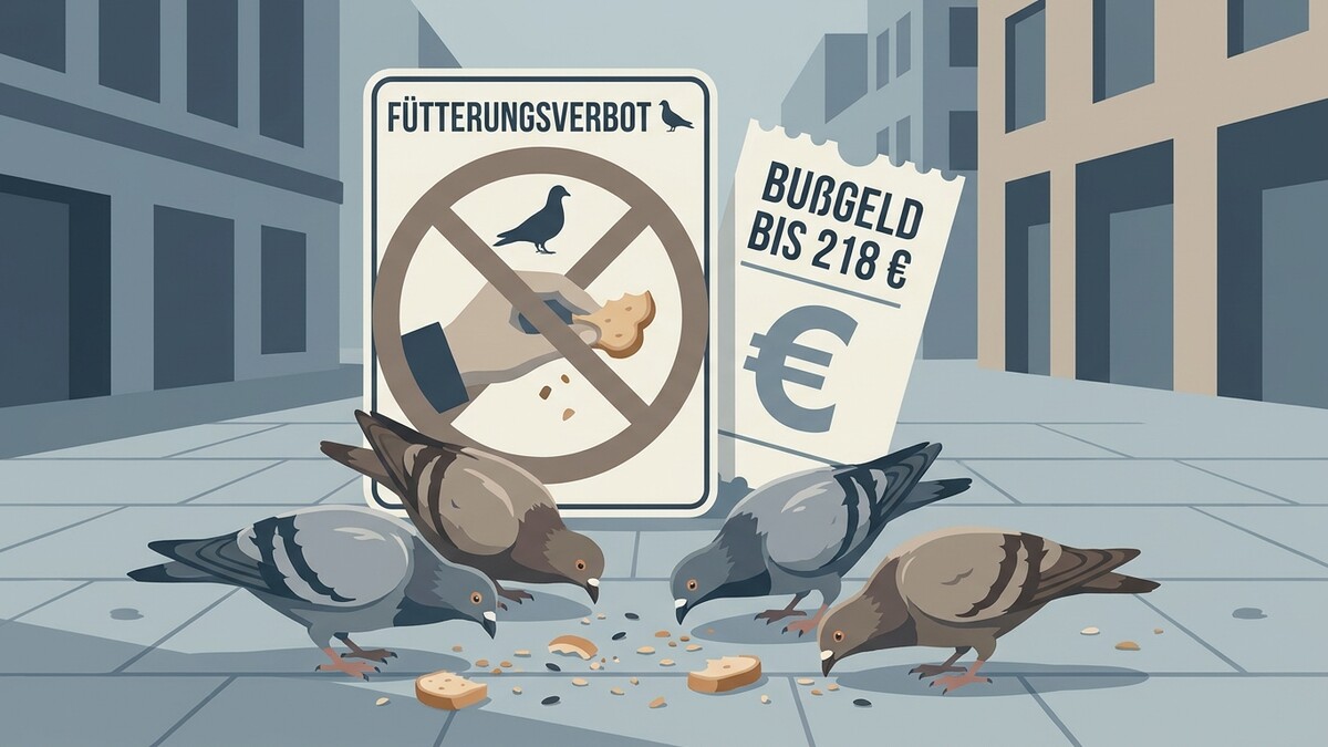 Tauben füttern verboten: Bußgeld bis 218 € auf einem Platz in der Stadt.