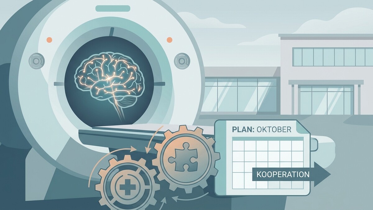 MRT-Gerät mit Gehirn, Zahnräder, Kalender mit „Plan: Oktober“ und Pfeil mit „Kooperation“