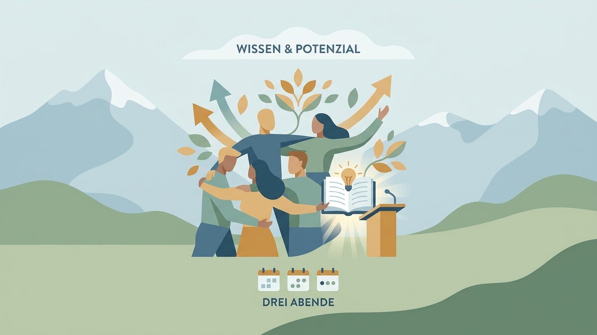 Menschengruppe umarmt sich vor Bergkulisse mit Buch und Glühbirne, Titel "Wissen & Potenzial"