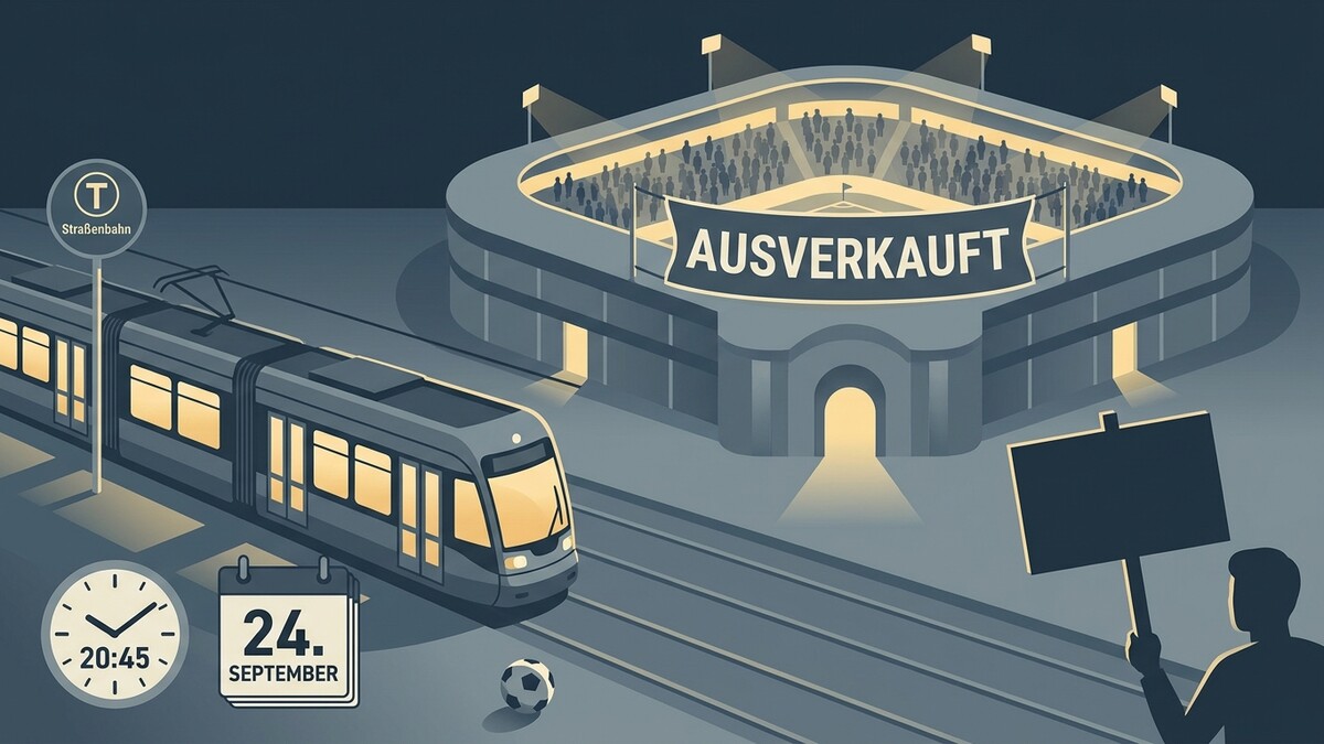 Ausverkauftes Stadion mit Straßenbahn, Fußball und Kalenderblatt 24. September