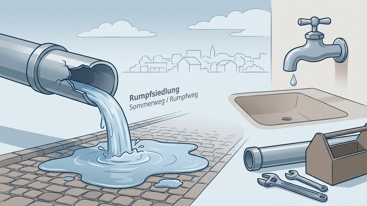 Beschädigtes Rohr leitet Wasser auf Kopfsteinpflaster, Werkzeugkasten und Spülbecken mit tropfendem Wasserhahn