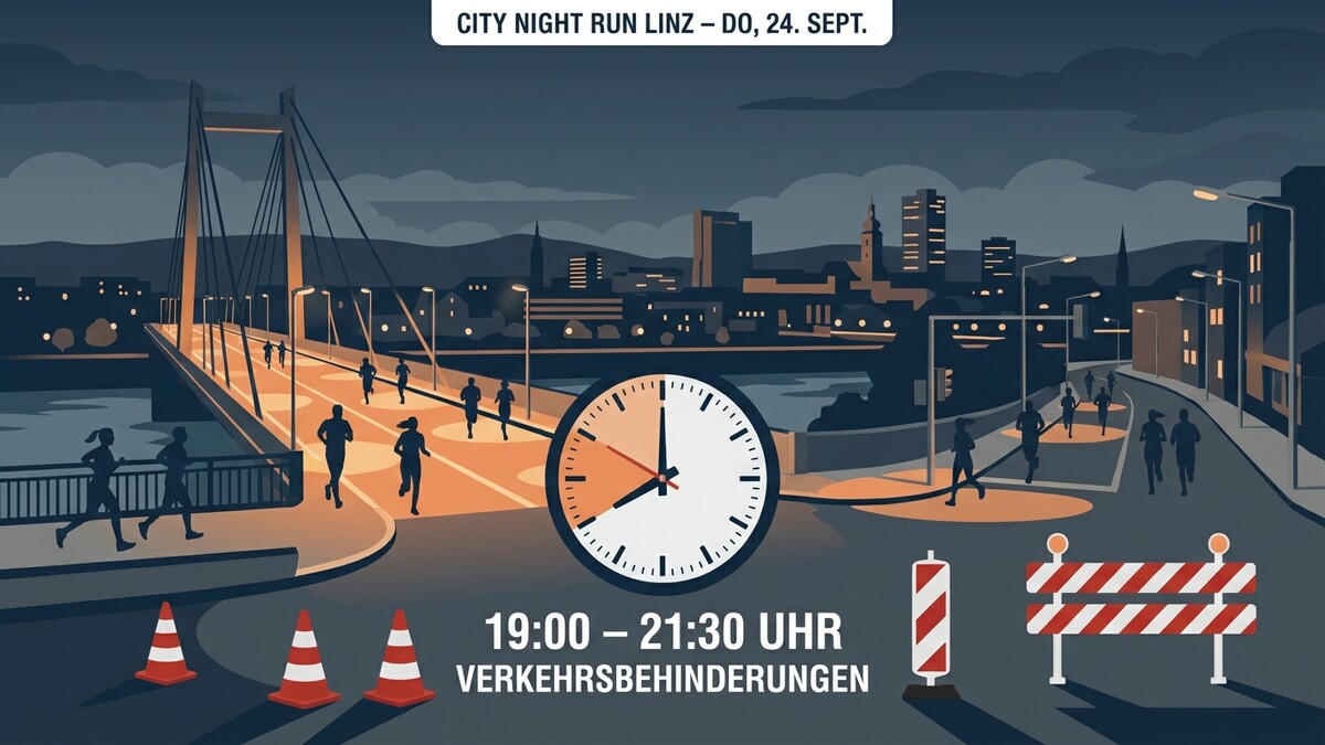 City Night Run Linz: Läufer auf einer beleuchteten Brücke bei Nacht mit Stadtsilhouette und Uhr