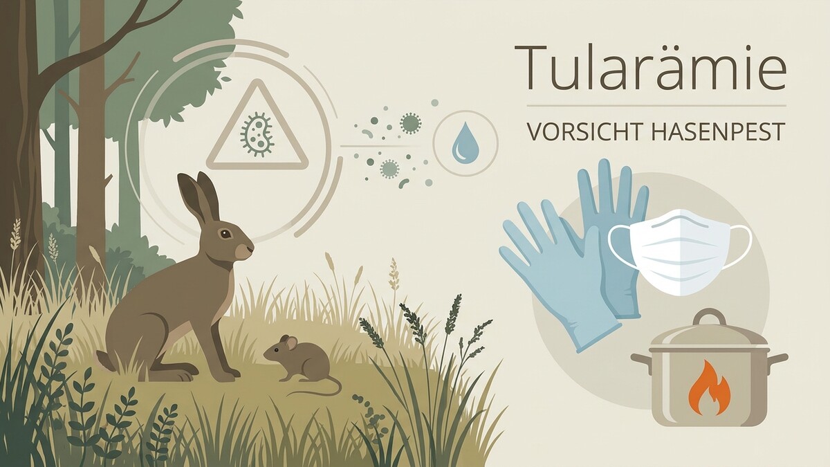 Tularämie: Hase und Maus im Wald, Warnsymbol, Schutzhandschuhe, Maske und Kochtopf
