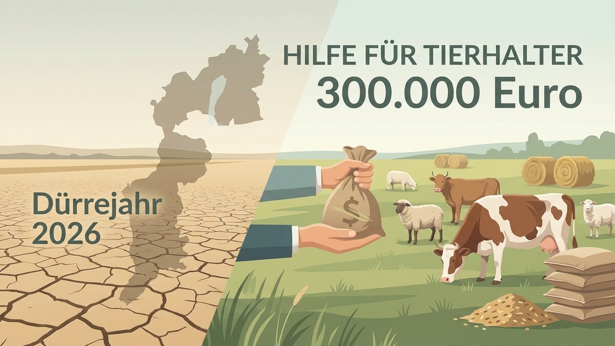 Hilfe für Tierhalter: 300.000 Euro, Dürrejahr 2026, Rinder und Schafe auf grüner Weide.