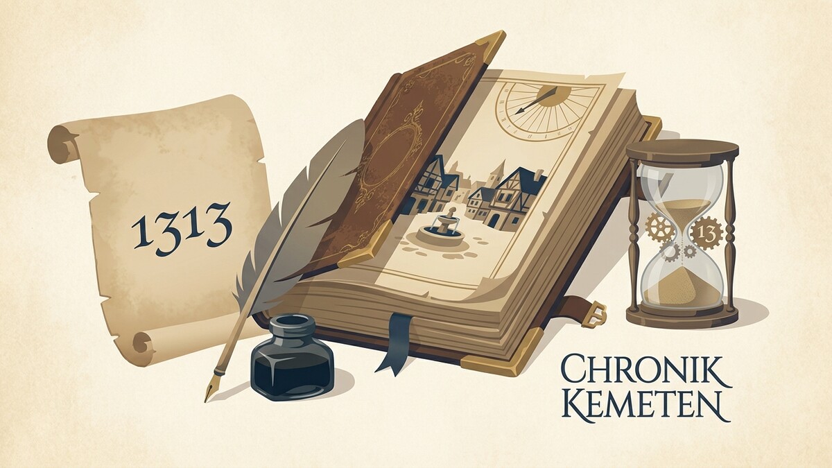 Chronik Kemeten: Schriftrolle mit 1313, Feder, Tintenfass, aufgeschlagenes Buch mit Stadtansicht, Sanduhr