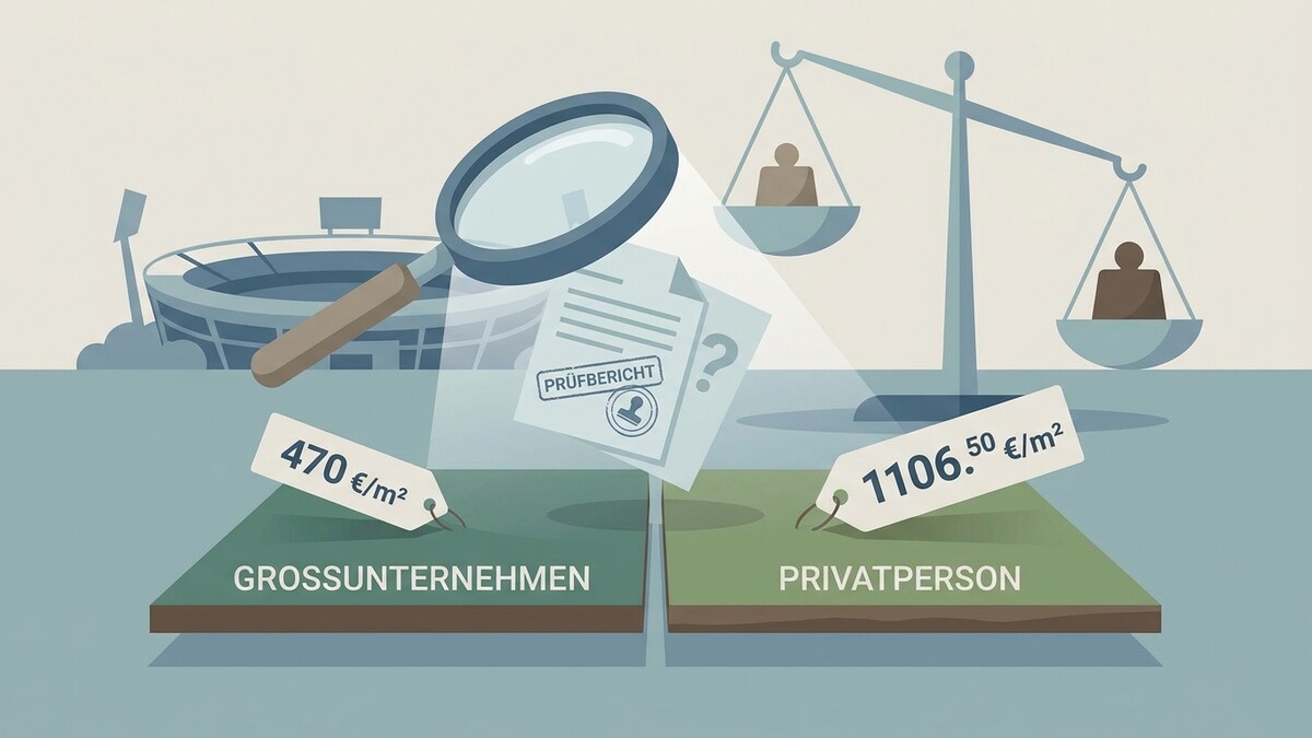 Prüfbericht mit Lupe über Preisschildern von Großunternehmen und Privatpersonen, Waage mit Personen.