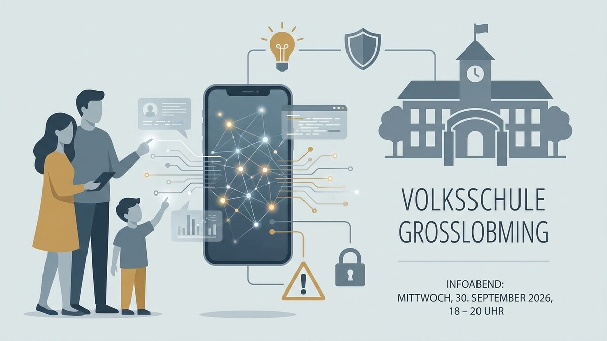 Volksschule Großlobming: Familie vor Smartphone mit Netzwerk und Schulgebäude