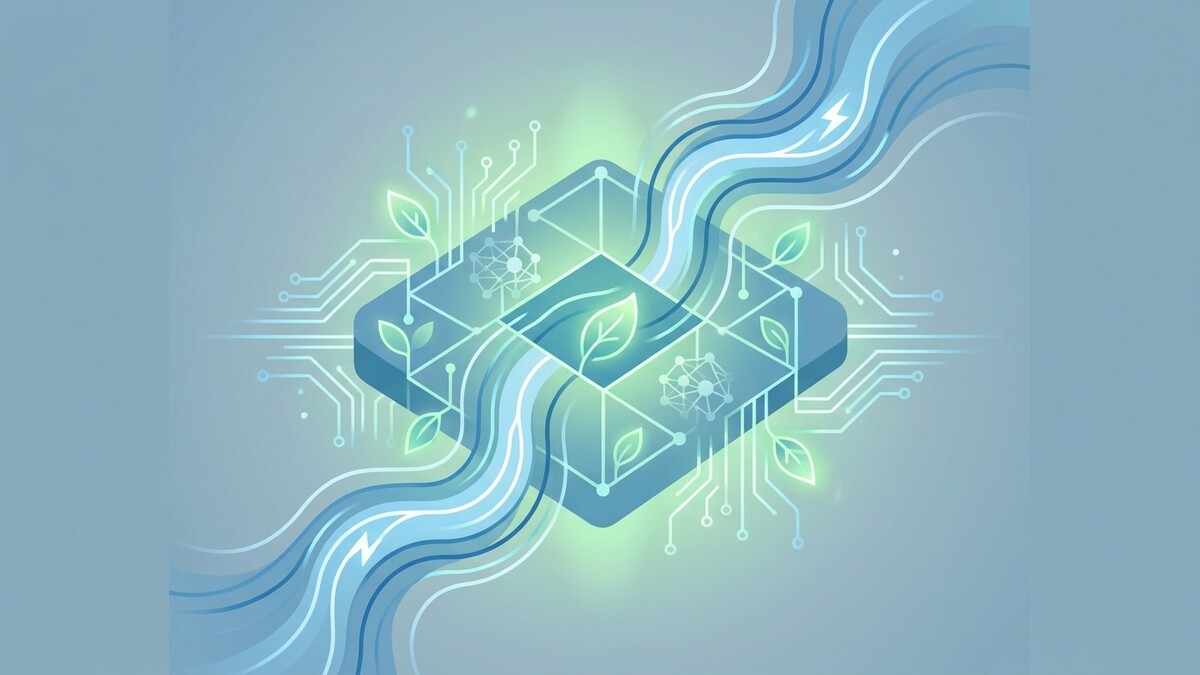 Grüner Technologiefluss über digitalem Netzwerk mit Blatt-Symbolen und Blitz.
