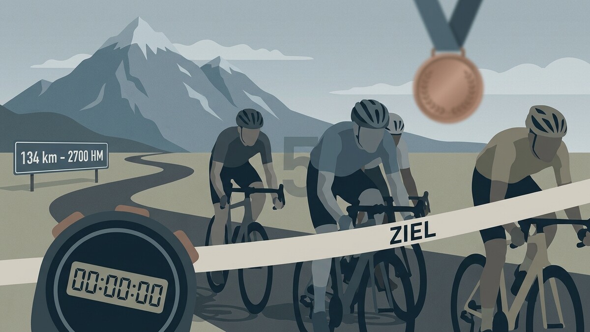 Radfahrer überqueren Ziellinie mit Stoppuhr und Medaille vor Bergkulisse