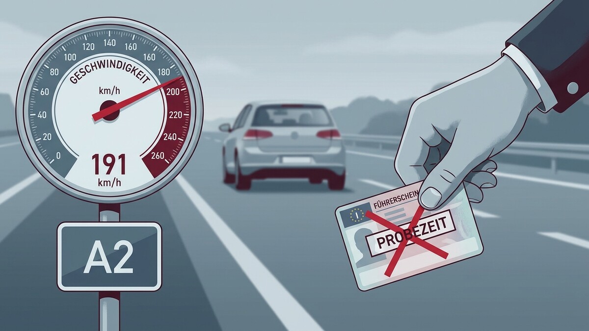 Tachometer zeigt 191 km/h auf A2, Hand hält Führerschein mit durchgestrichener Probezeit