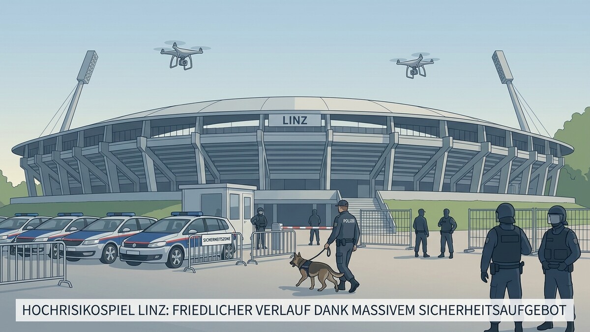 Linz Stadion: Polizei mit Hund und Drohnen überwachen Sicherheitszone vor Hochrisikospiel