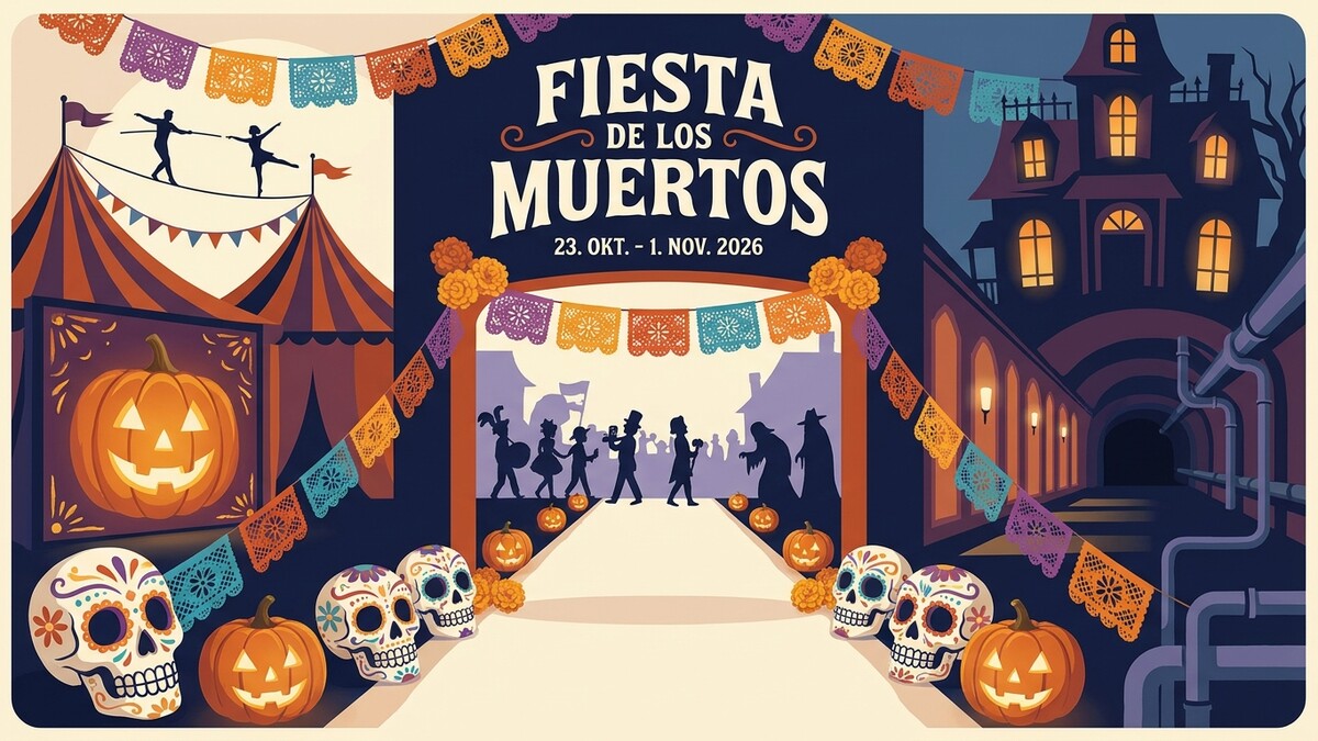 Fiesta de los Muertos mit Totenköpfen, Kürbissen, Zirkuszelt und Geisterhaus
