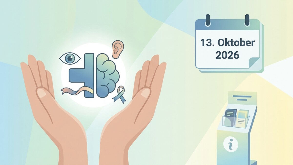 Gesundheits-Icons mit Händen und Kalenderblatt mit 13. Oktober 2026