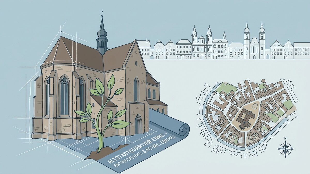 Altstadtquartier Enns: Illustration einer Kirche, einer Stadtansicht und eines Stadtplans