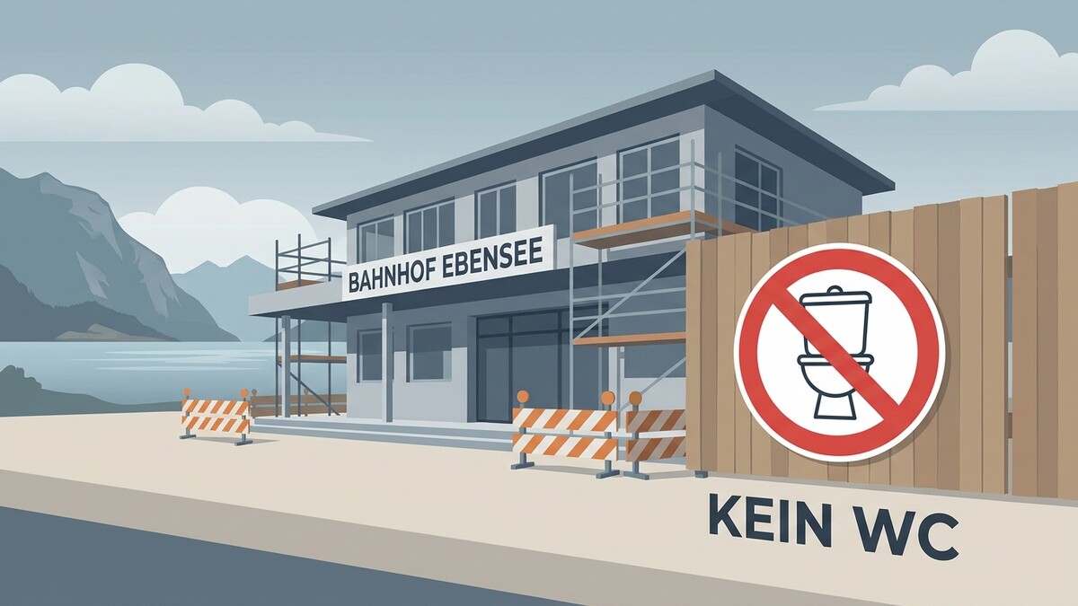 Bahnhof Ebensee mit Baugerüst und Verbotsschild für WC, vor Berg- und Seelandschaft