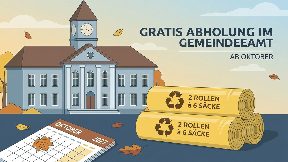 Gemeindeamt mit Kalender und gelben Säcken für Gratisabholung im Oktober