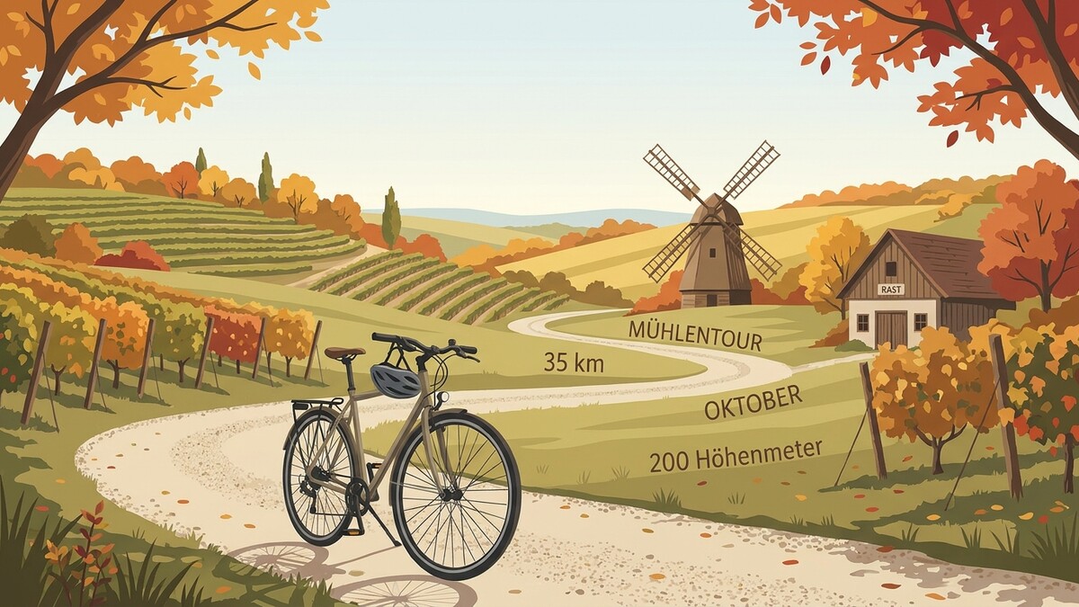 Fahrrad auf Schotterweg vor Weingarten und Windmühle im Herbst