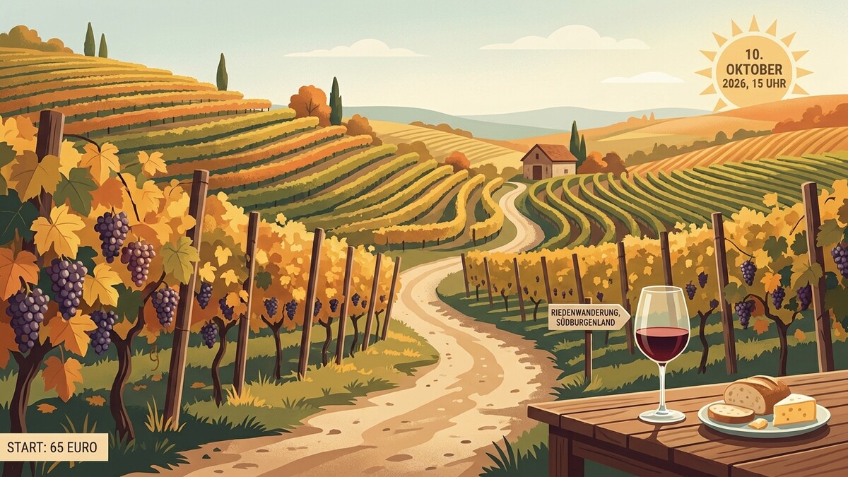 Weinberge im Südburgenland mit Trauben und Wein, am Tisch Brot und Käse