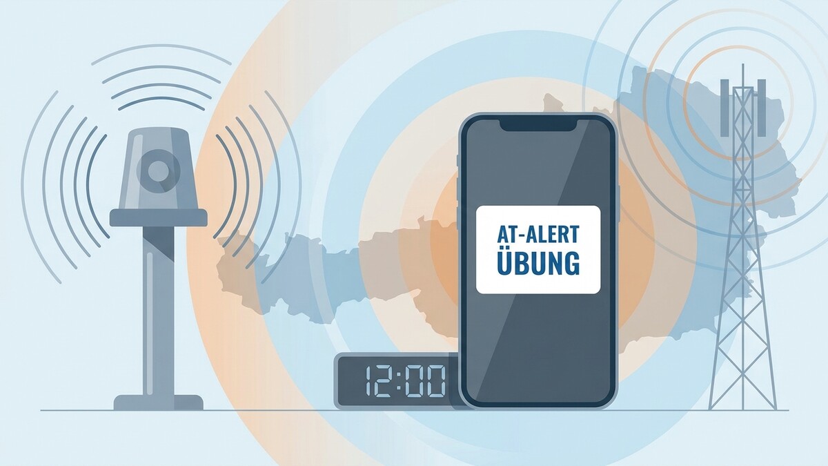 AT-Alert Übung: Sirene, Handy mit Text, Funkturm und Österreichkarte