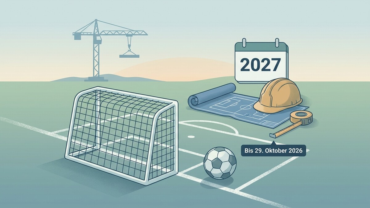 Fußballplatzbau: Tor, Ball, Bauplan, Helm, Maßband, Kalender 2027, Kran