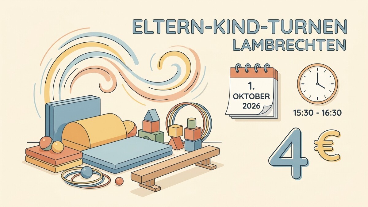 Eltern-Kind-Turnen Lambrechten am 1. Oktober 2026 mit Turngeräten, Kalender, Uhr und Preisangabe
