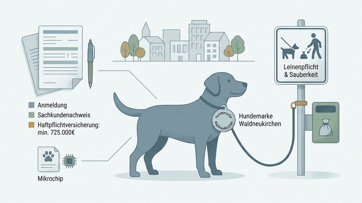 Hundemarke Waldneukirchen zeigt Anmeldepapiere, Mikrochip und Leinenpflicht-Schild