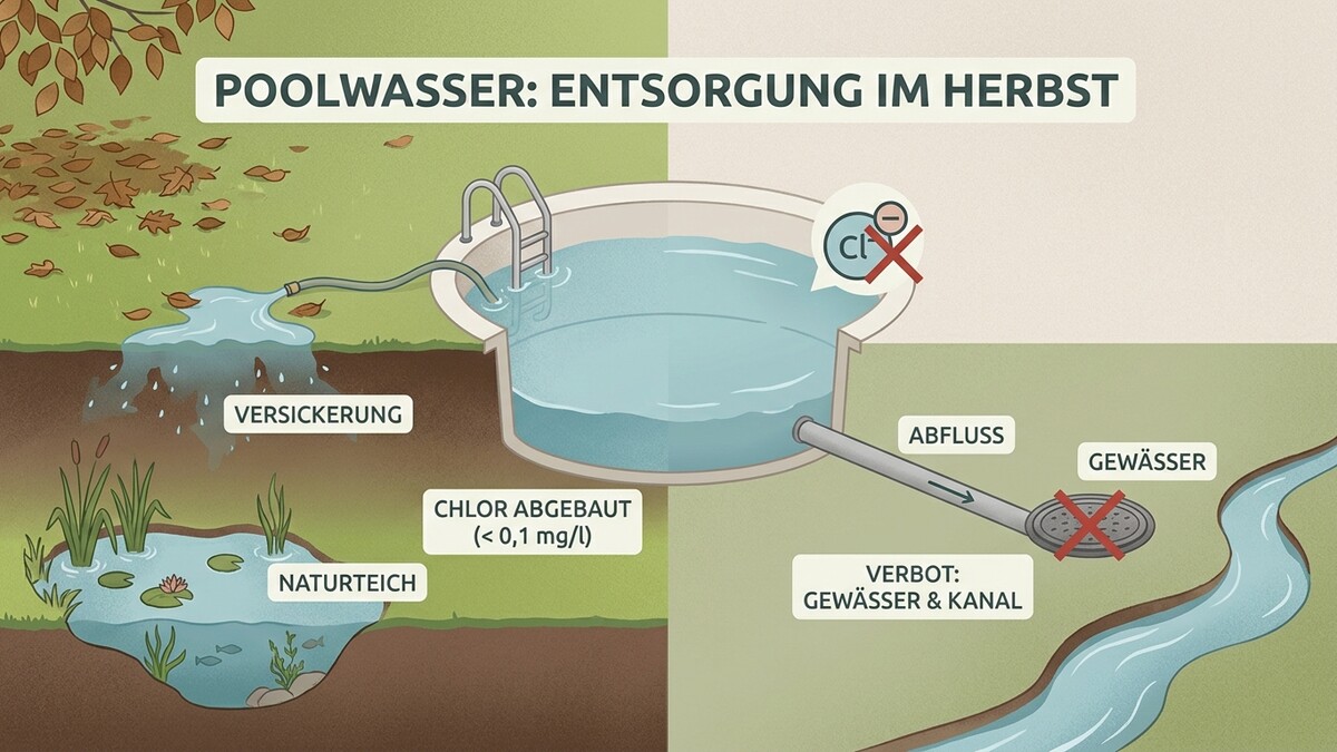 Poolwasser: Entsorgung im Herbst, Versickerung in den Boden und Naturschädlich, nicht ins Gewässer.