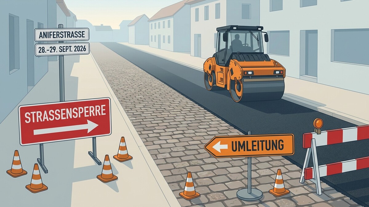 Straßensperre Aniferstraße: Walze verdichtet Asphalt, Umleitung ausgeschildert.