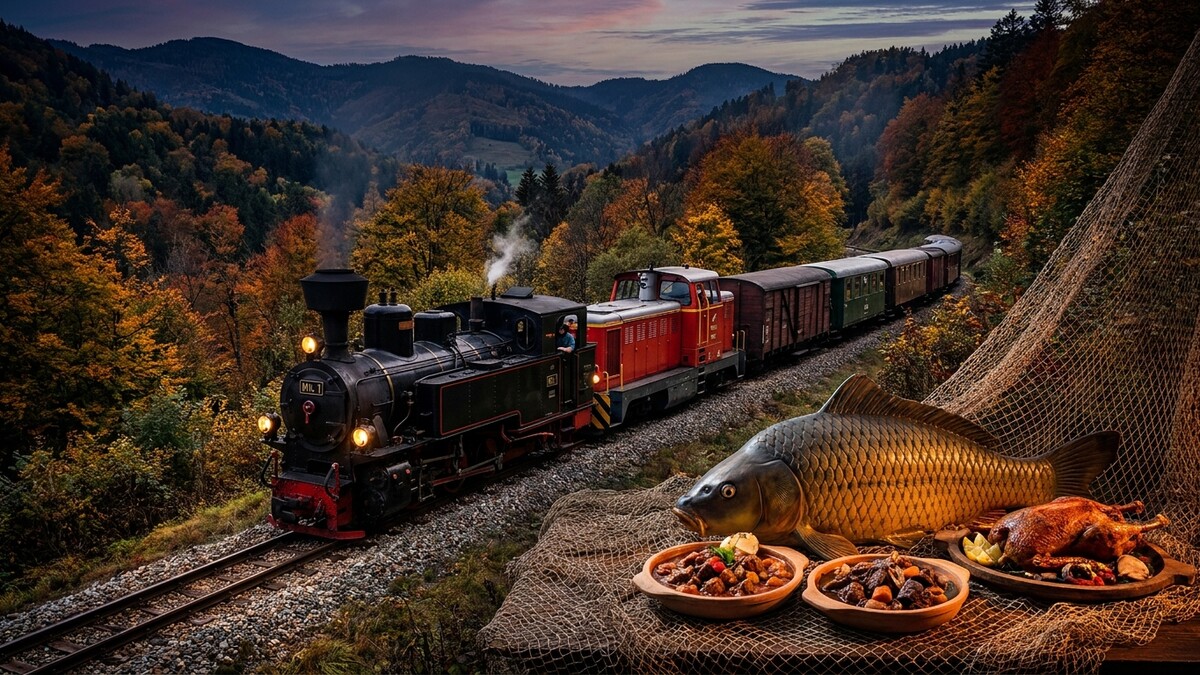 Dampfzug fährt durch Herbstwald, daneben Fisch und Braten auf Fischnetz
