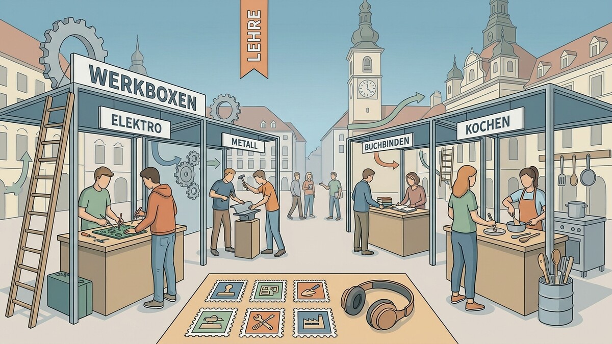 Lehre: Werkboxen für Elektro, Metall, Buchbinden und Kochen auf einem Platz in Österreich