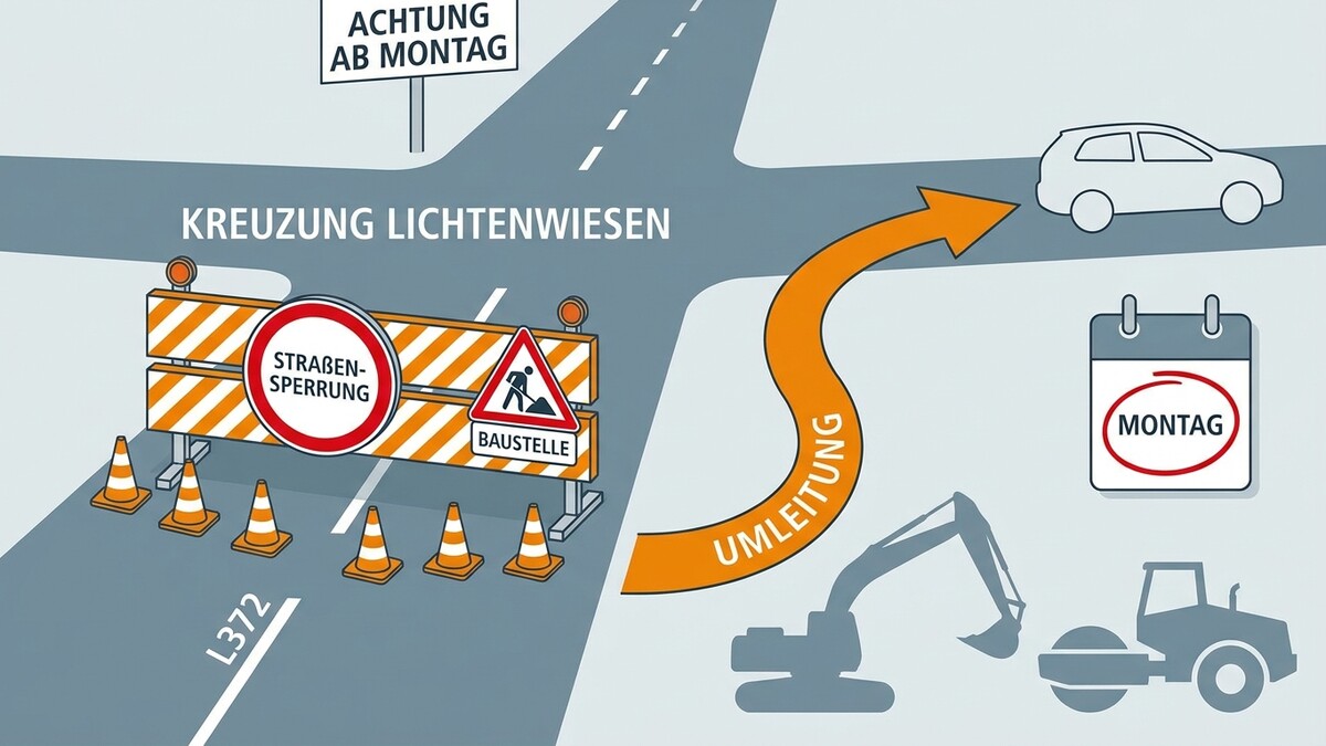 Straßensperrung Kreuzung Lichtenwiesen ab Montag mit Umleitung und Baustelle