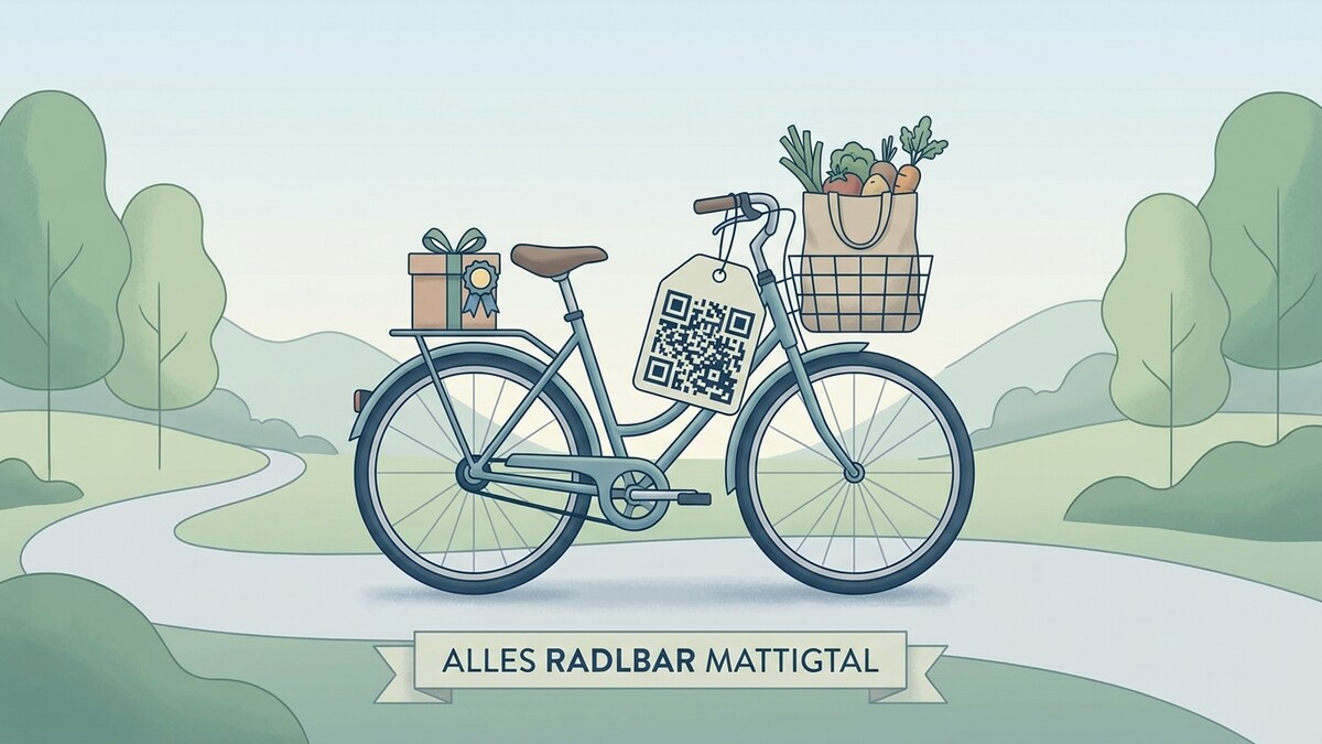 Fahrrad mit Einkaufstasche und Geschenk, QR-Code am Lenker, Mattigtal