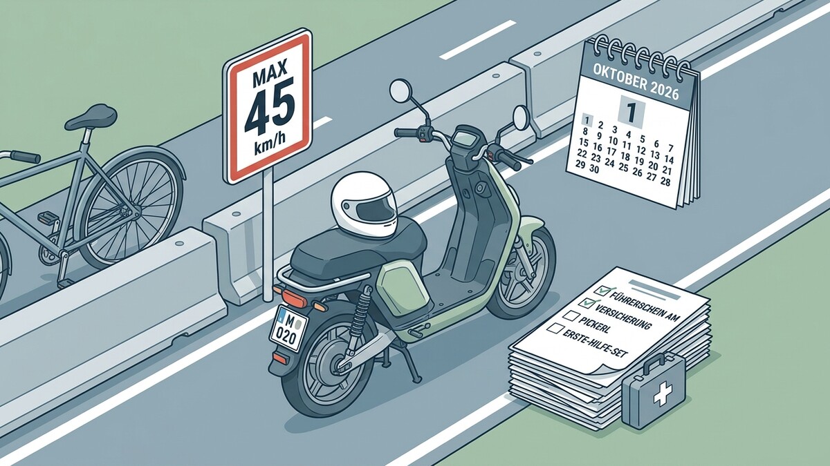 Roller mit Helm, Fahrrad, 45 km/h-Schild, Kalender Oktober 2026 und Dokumente