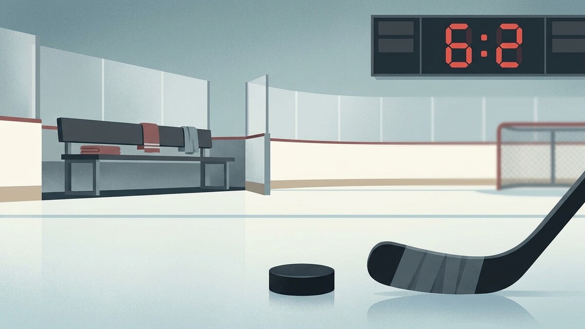 Eishockey-Puck und Schläger liegen auf dem Eis vor einer Bande mit Anzeigetafel und Tor