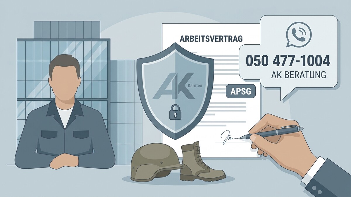 AK Kärnten Beratung: Arbeitsvertrag, Helm, Stiefel und Telefonnummer 050 477-1004 vor Gebäude