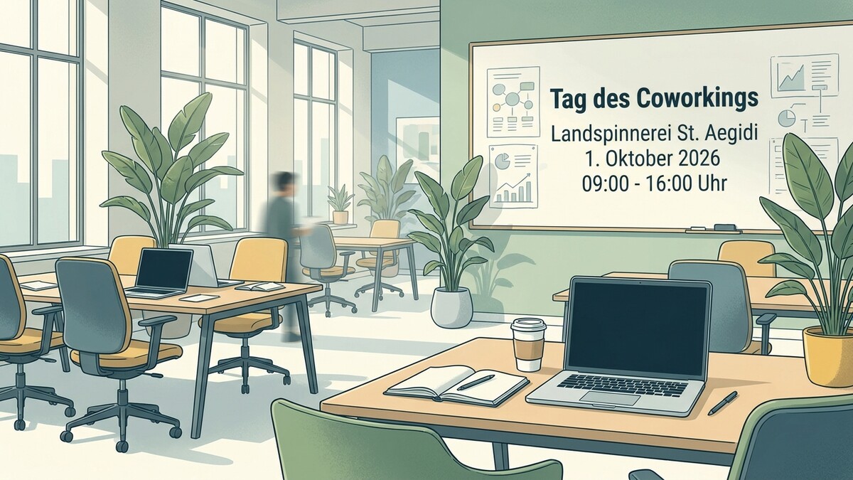Coworking-Event Landspinnerei St. Aegidi am 1. Oktober 2026 in Linz mit Laptops und Pflanzen