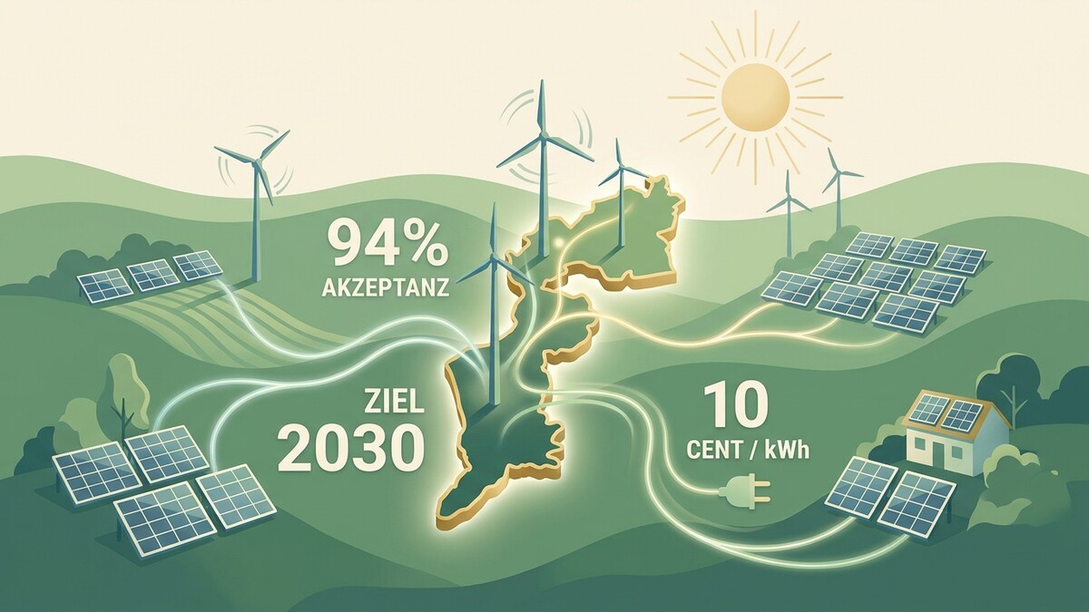 Erneuerbare Energie in Österreich: Windräder, Solarpanels versorgen Haus, 94% Akzeptanz, Ziel 2030